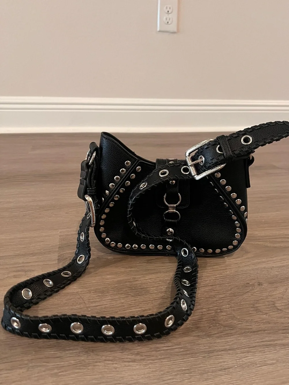 Urban Outfitters Black Studded Leather Shoulder Bag with Grommet Strap